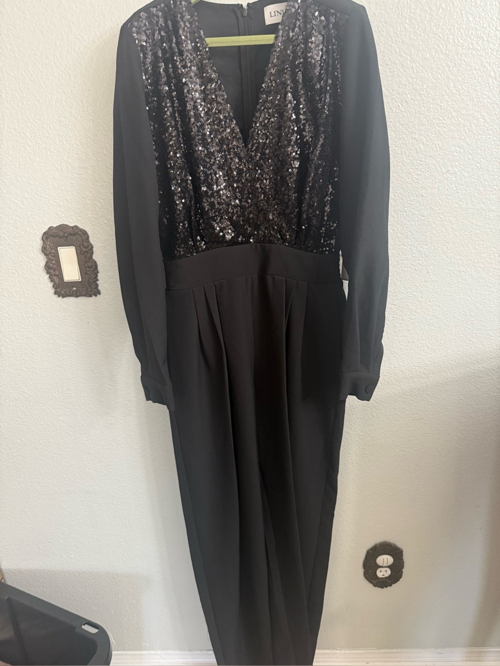 New with tags Lini overall Black Sequin V-Neck Long Sleeve size small
